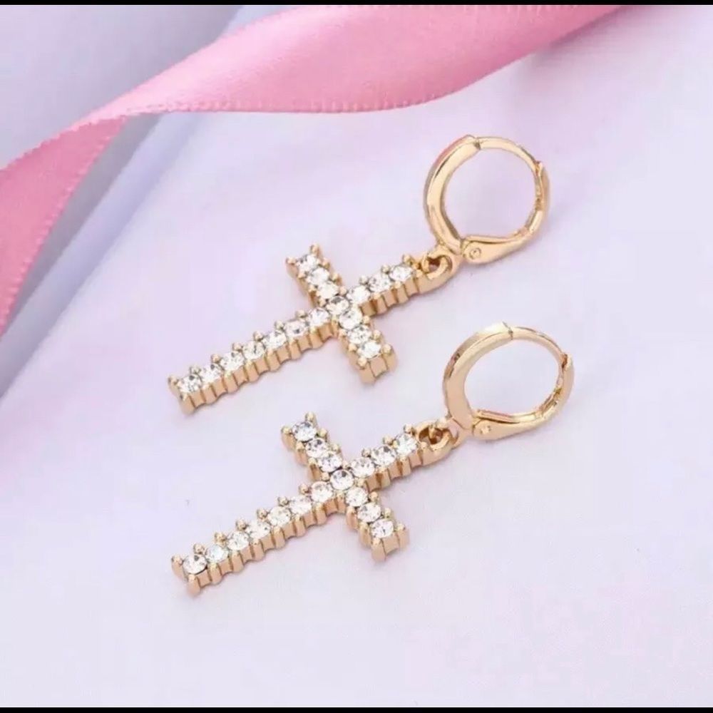 Gold Cross Hoop Dangle Drop Earrings